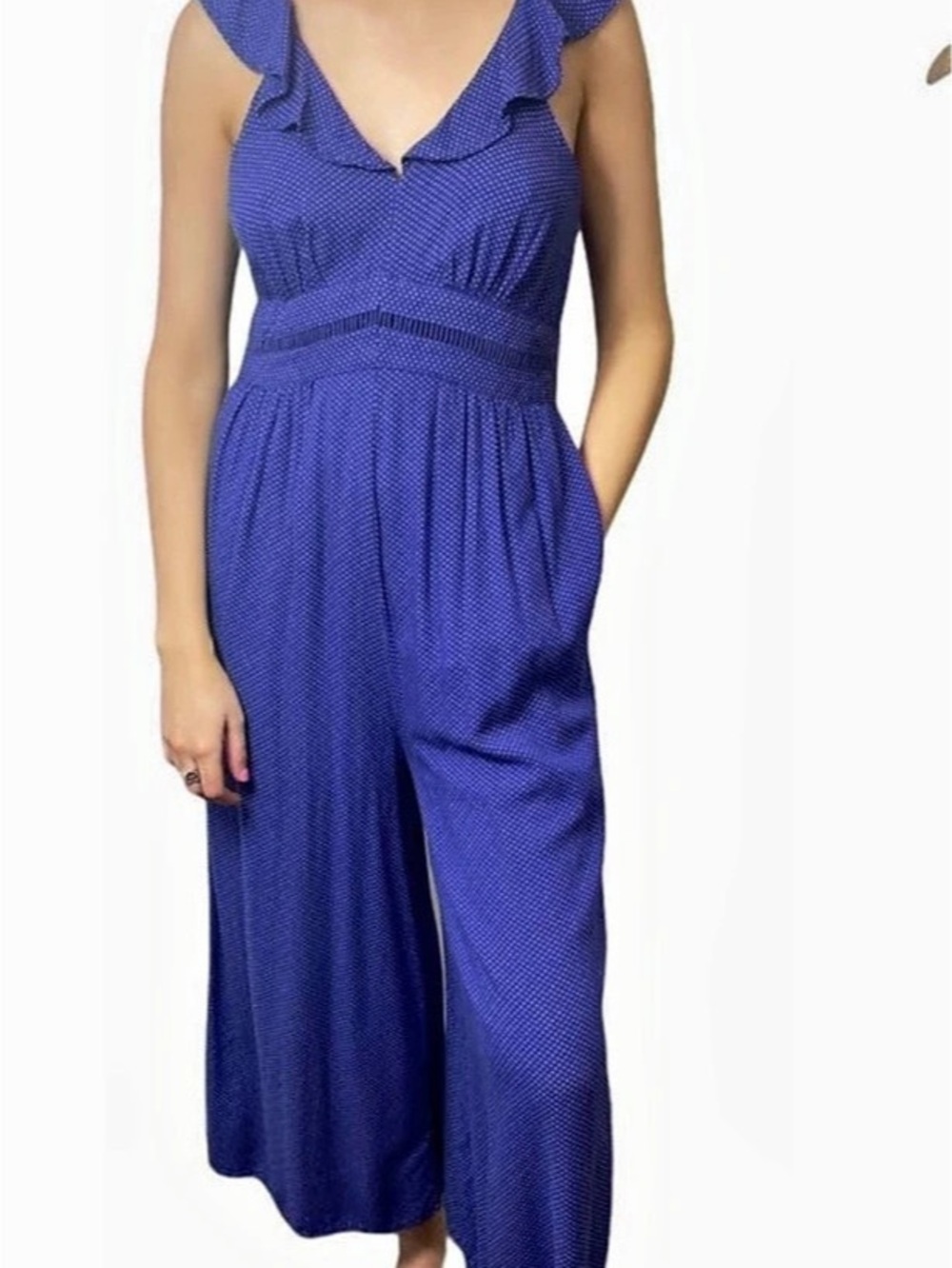 Anthropologie Maeve Justine Blue polka dot wide leg jumpsuit size US 4 New!